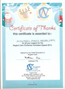 Nugent Care certificate of thanks - Assembly on Monday 15th December 2014